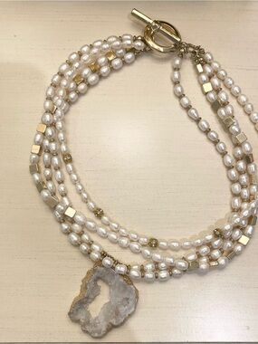 Pearl and Gold Multi-Strand Necklace with Druzy Pendant - White/Gold